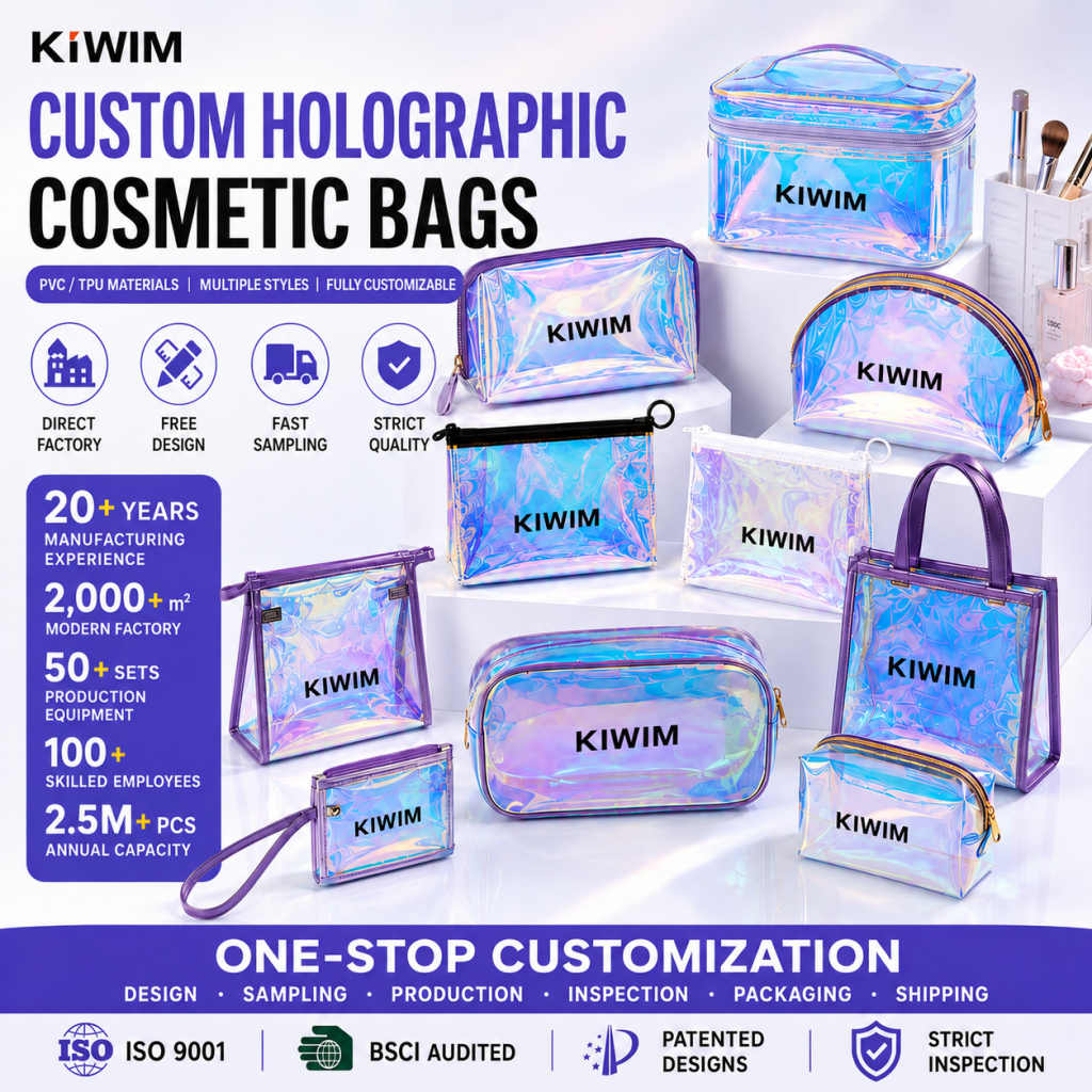 Custom holographic cosmetic bags and PVC toiletry bags by Kiwim Packaging