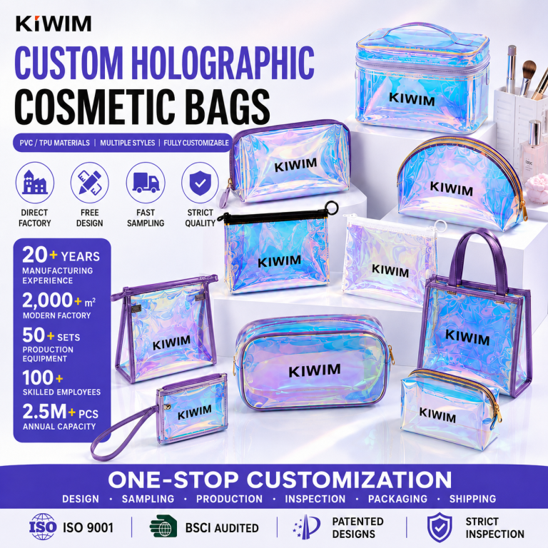 Custom holographic cosmetic bags and PVC toiletry bags by Kiwim Packaging